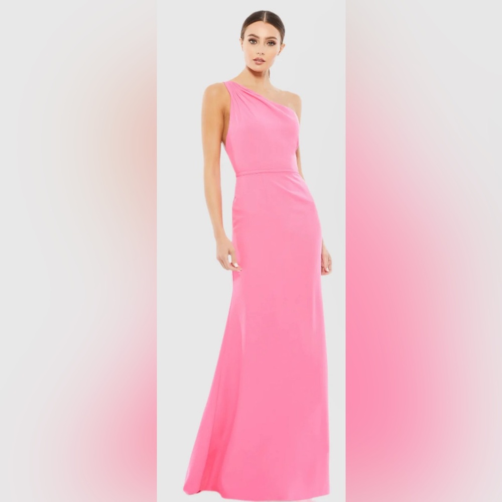 NWOT Ieena for Mac Duggal Pink One Shoulder Open Back Jersey Mermaid Gown 26266 - Picture 2 of 8